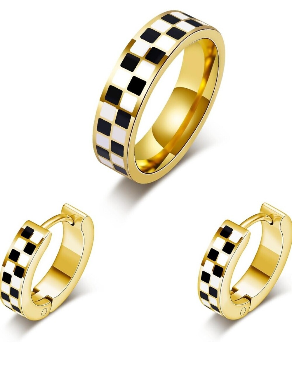Gold Black & White Checkerboard Ring and Huggie Hoop Earring Set